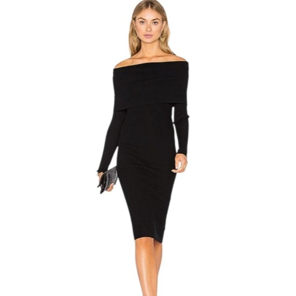 Revolve Line + Dot Rib Knit Off The Shoulder Black Sweater Dress Size Small